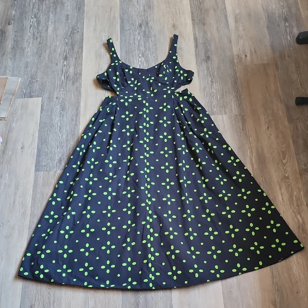 Topshop Cut-Out Black Midi Dress with Green Polka Dots - Picture 4 of 15